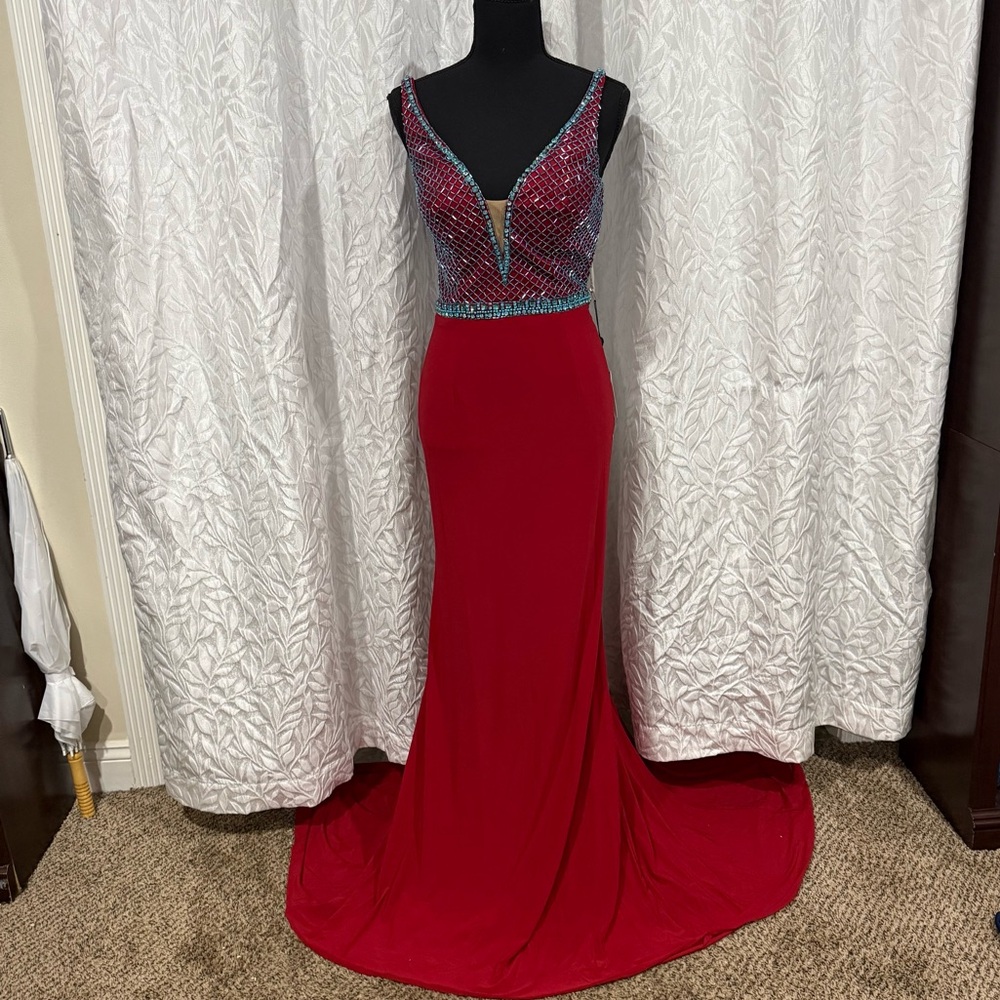Sherri Hill blue and Red Sleeveless Prom Gown style 50813 formal  v-neck dress